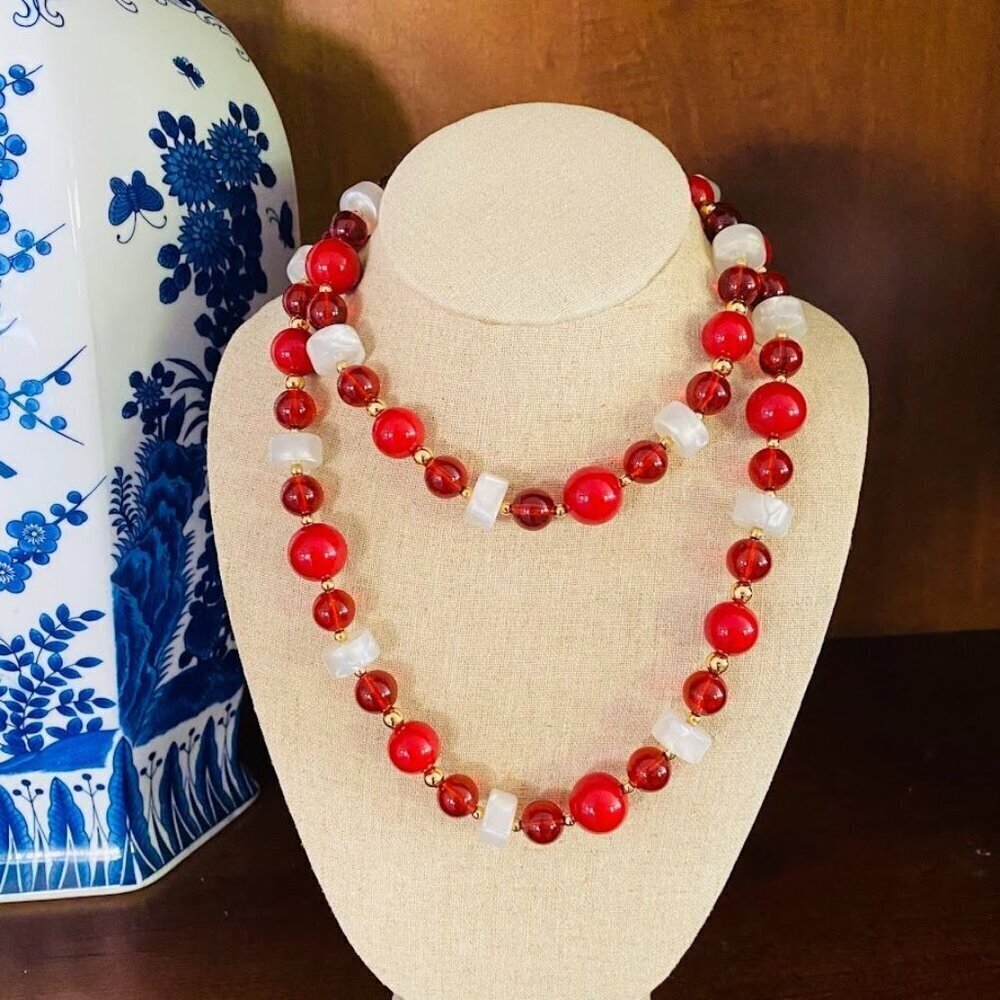 Vintage Monet Cranberry Red and Pearlized Beaded Long Necklace